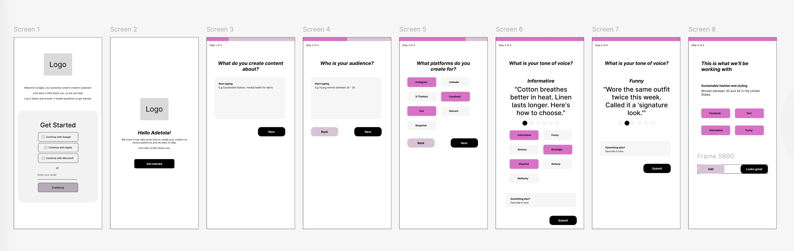 Ẹ̀gbẹ́ early onboarding wireframes covering audience, platforms, and tone