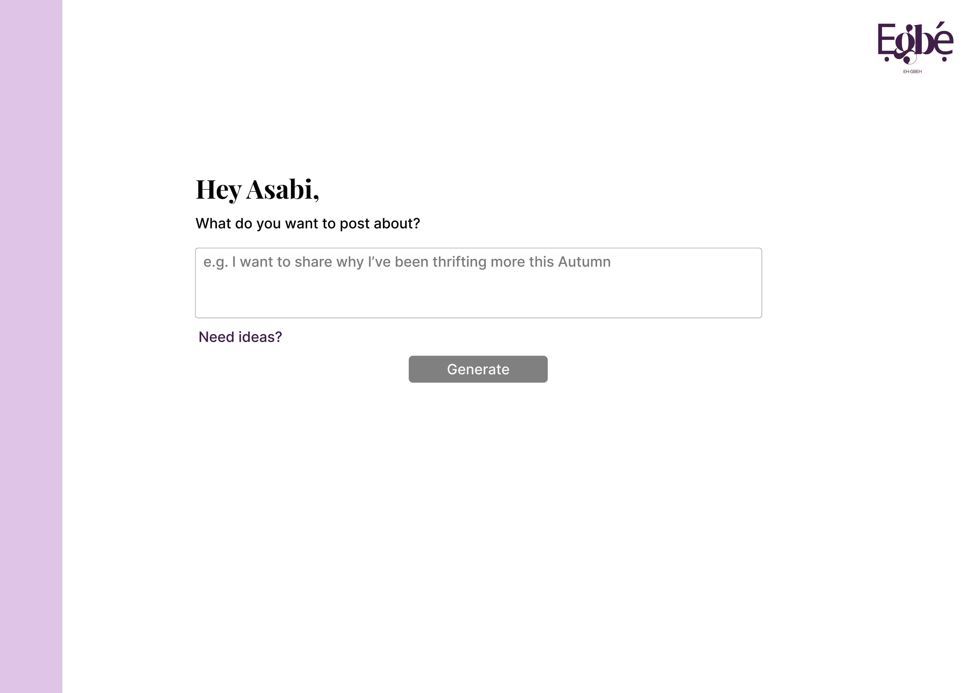 Ẹ̀gbẹ́ writing workspace with an idea input and Generate control