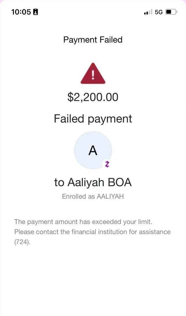Original CFCU Zelle failed-payment message with no visible daily sending limit