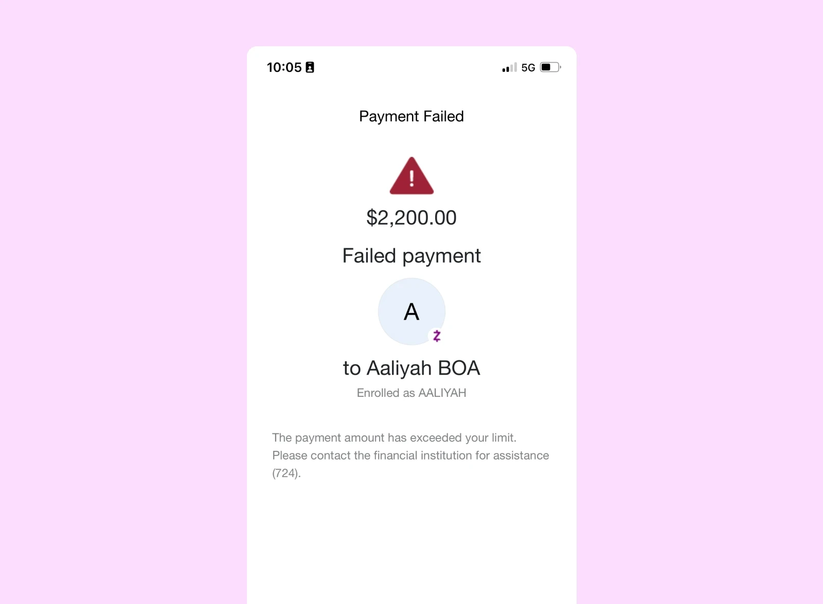 Original CFCU Zelle failed-payment message with no visible daily sending limit
