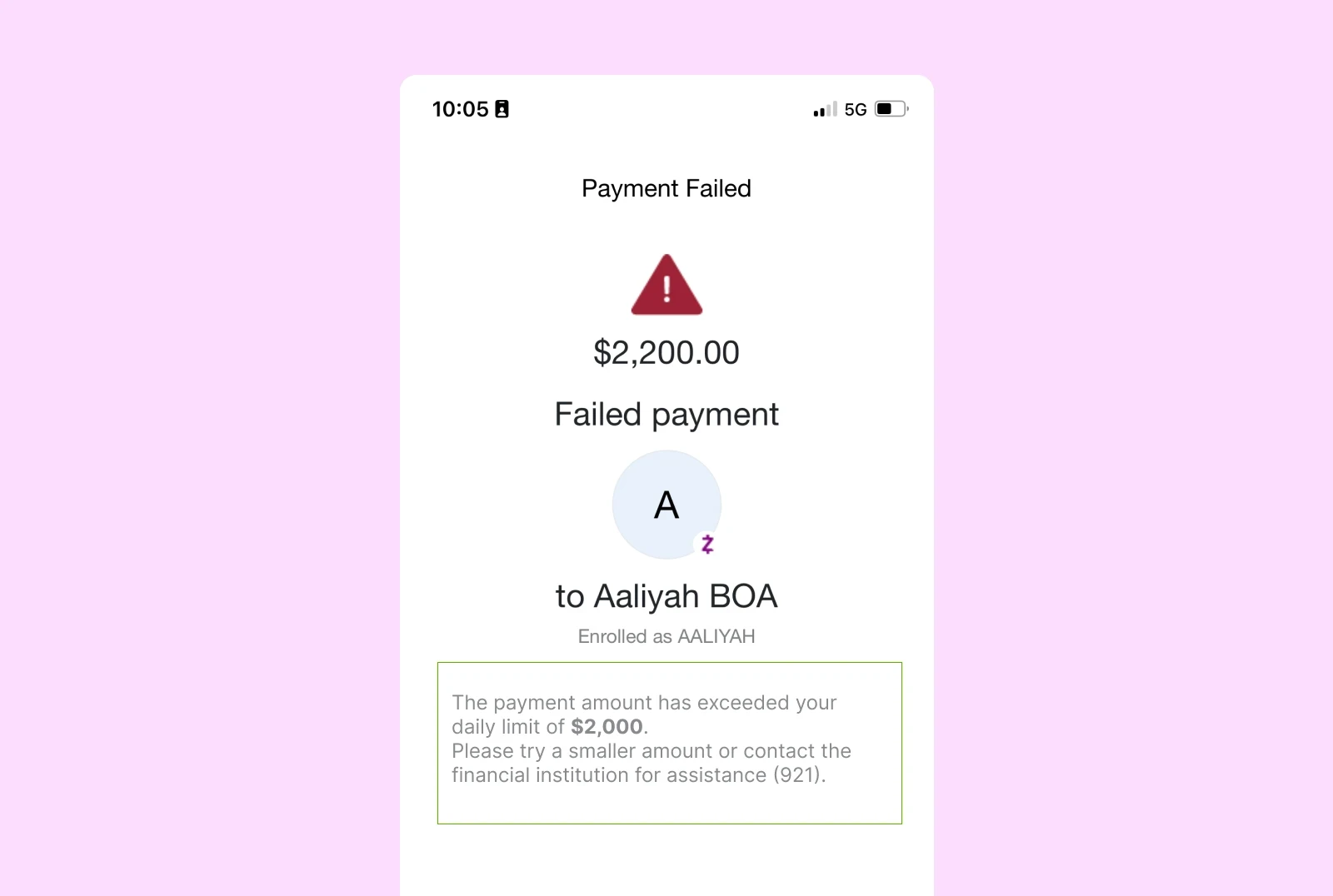 Redesigned CFCU Zelle failed-payment screen stating the $2,000 daily limit and next steps